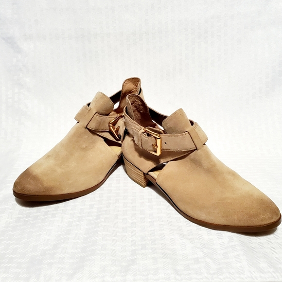 MICHAEL KORS Mercer Buckled Khaki Suede Leather Ankle Boots Size 7 - Picture 3 of 16